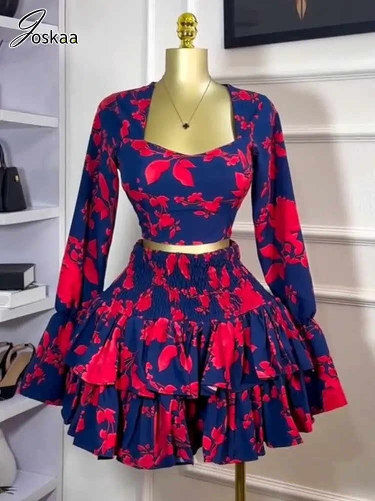

Joskaa Women's Floral Print 2 Piece SetS Sexy Square Collar Long Sleeve Shirt+Ruffles Mini Skirt Match Holiday Streetwear S-XXL