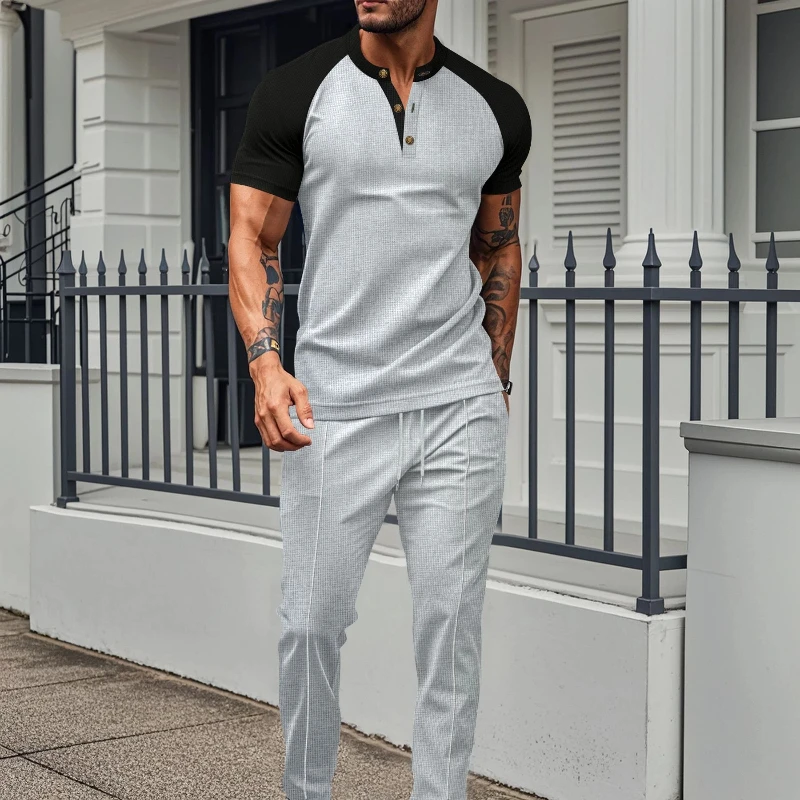 2026 Summer New Color-Plaid Waffle Round-neck Short-Sleeved T-Shirt and Pants Set - Casual Fashion Sportswear Set
