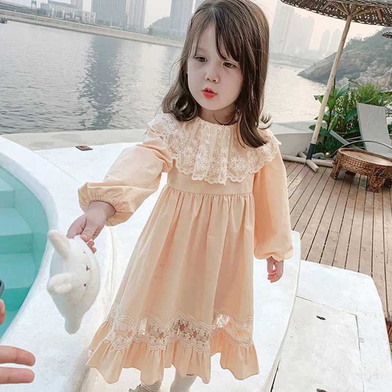 2024Autumn Long Sleeve Girl Princess Dress New Children Korean Style Western Style Lace Dress