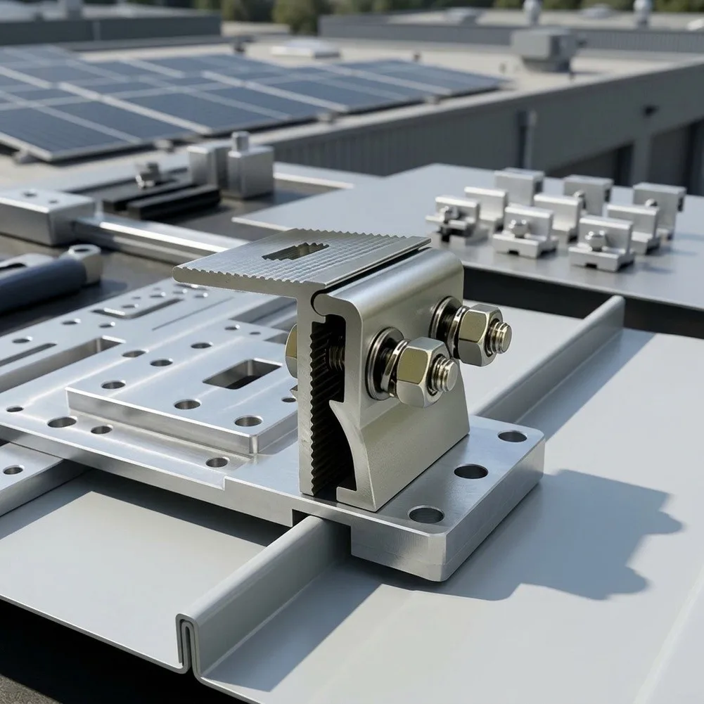 Aluminium Alloy Roof Fold Clamps Designed for Photovoltaic Installations on Standing Seam Roofing with Vertical Ribs