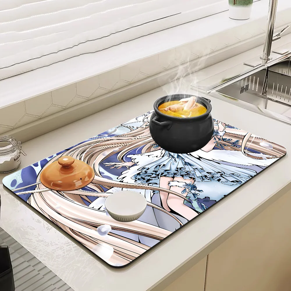 Anime Chobits Kitchen Tableware Dish Drying Mats Desk Drain Pad Heat Resistant Counter Top Mat Non-slip Draining Placemat