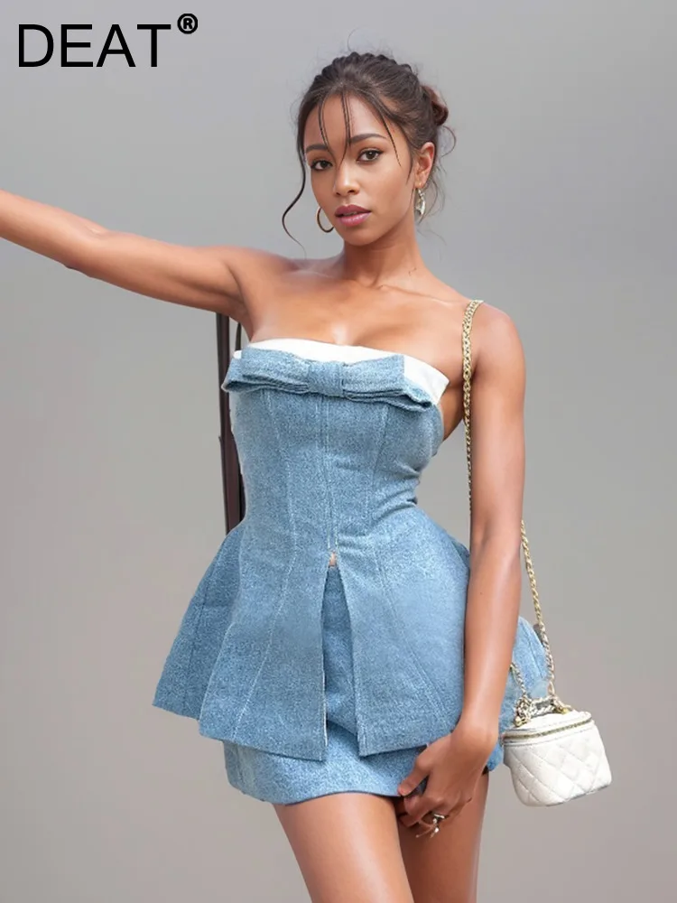 DEAT Fashion New Women\'s Suits Spliced Bows Denim Strapless Tops Zipper High Waist Mini Skrits Set Female 2024 Summer 33A1299