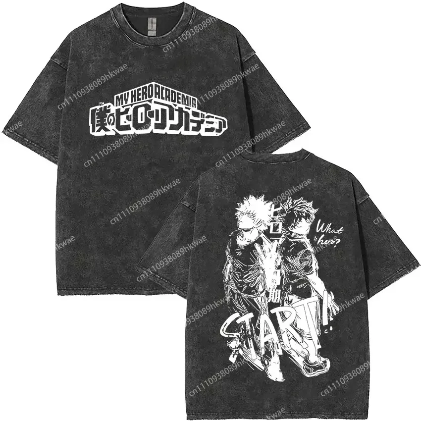 My Hero Academia T-shirt, Washed Cotton Tee With Deku & Bakugou 