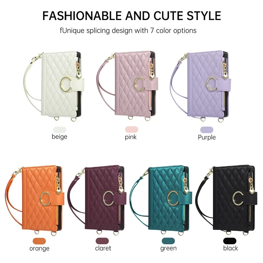 Quilted Zipper Wallet Case For Samsung Galaxy Z Fold 8 Ultra 7 6 5 4 3 5G Crossbody Strap Flip Leather Card Holder Phone Cover