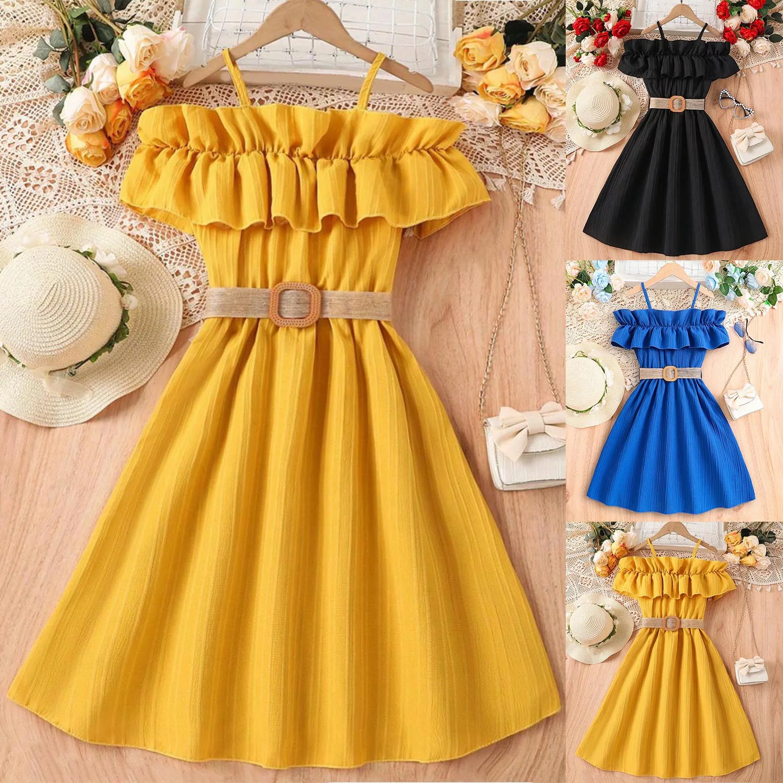 7-12 Years Elegant Evening Prom Dress Kids Summer Solid Color Ruffles Formal Pageant Princess Dress Girls Swing Dress With Belt