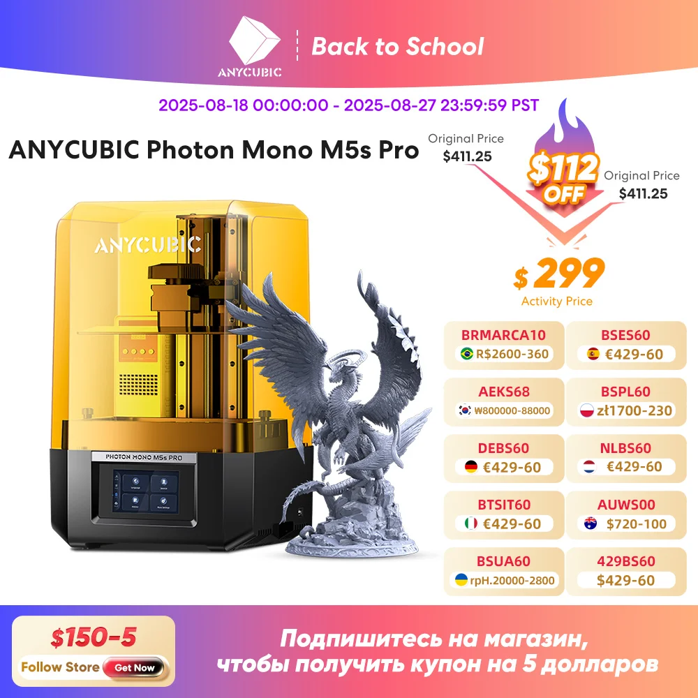 

ANYCUBIC Photon Mono M5s Pro 3D принтер 14K Mono MSLA 10,1 ''LCD Смола 3D принтер Скорость до 150 мм/ч размер печати 223*127*200 мм