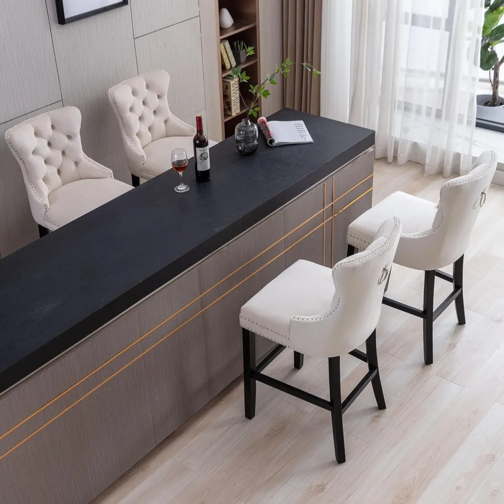 Barhocker-Set mit 6 Stück, 66 cm, Sitzhöhe aus Samt, Thekenhöhe, Barhocker mit Knöpfen, getuftete Rückenlehne, Barstühle mit Nietenbesatz für die Küche