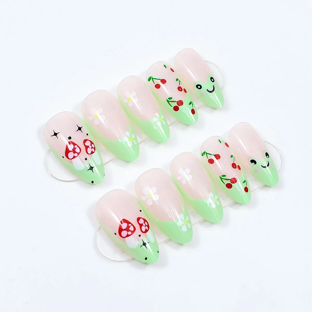 Lovely Cherry Press on Nails French Fake Nails Detachable False Nails Mushroom Press on Nails with Glue Frog Press on Nails Set