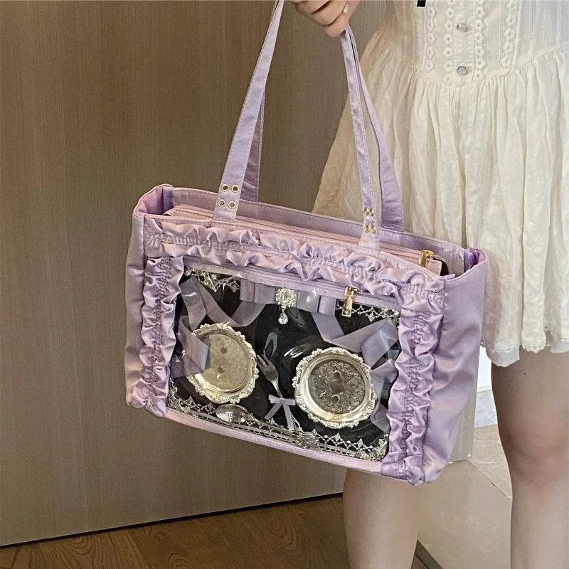 Japanese Original Purple Lace Satin Pain Lta Bag Women's Big Food Quantity Two-dimensional Gorgeous Lolita Bar Shoulder Bags