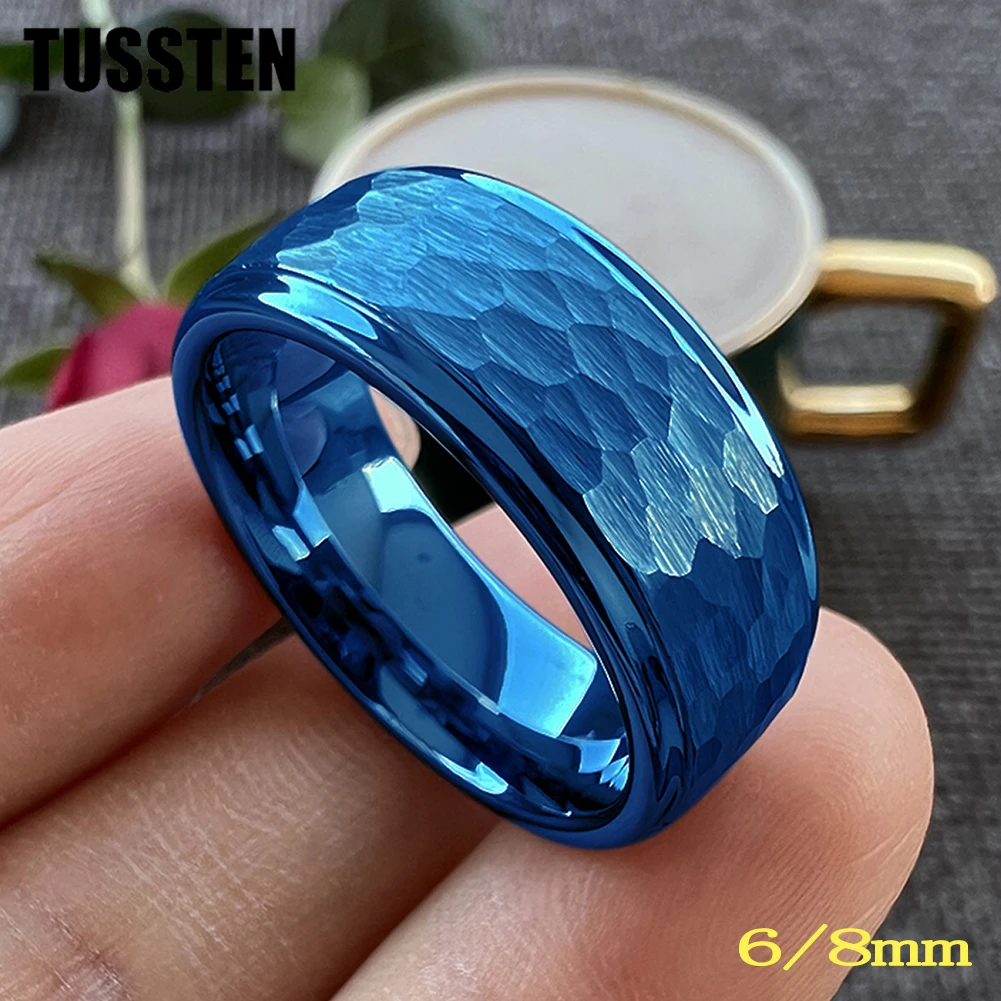 TUSSTEN 6/8MM Men Women Tungsten Engagement Ring Trendy Jewelry Blue White Stepped Edges Hammered Finish Comfort Fit