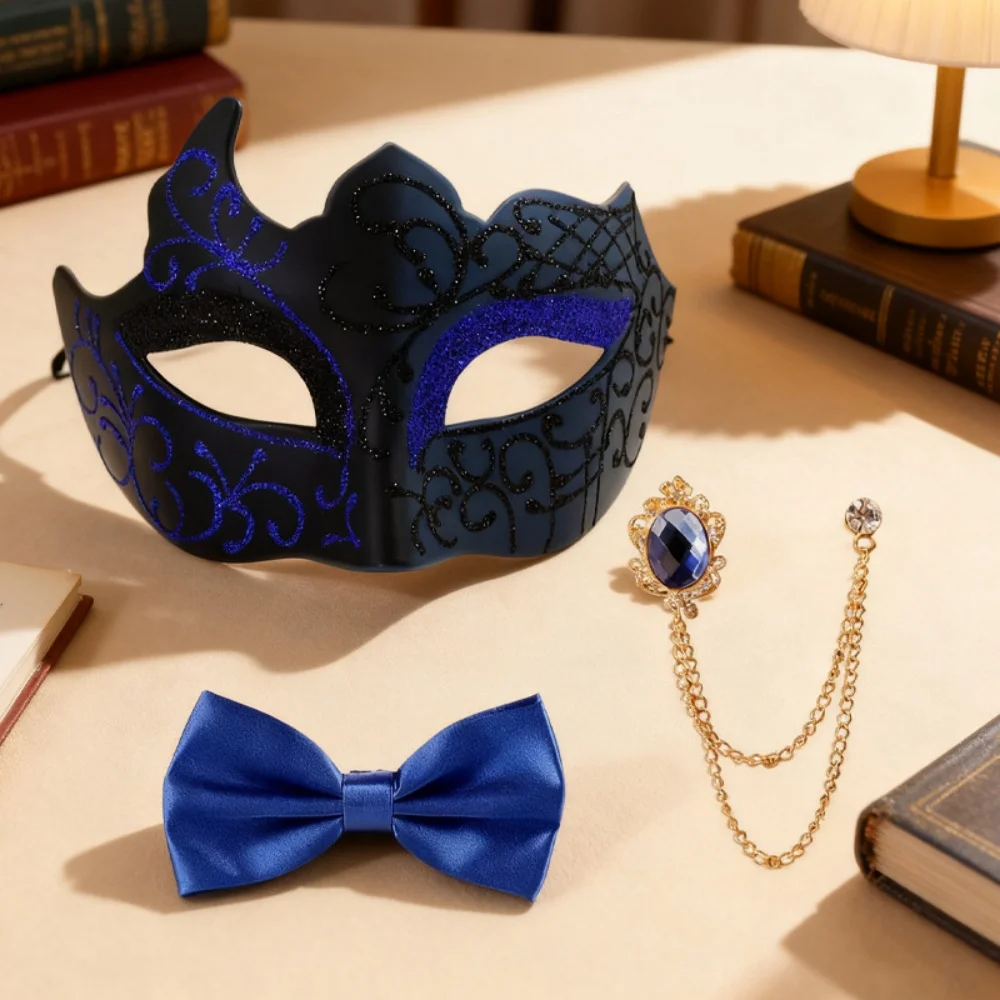 Máscara de fiesta pintada de media cara, impresionante máscara de fiesta, conjunto de pajarita, disfraz de mascarada de caballero, conjunto de máscara decorativa de mascarada