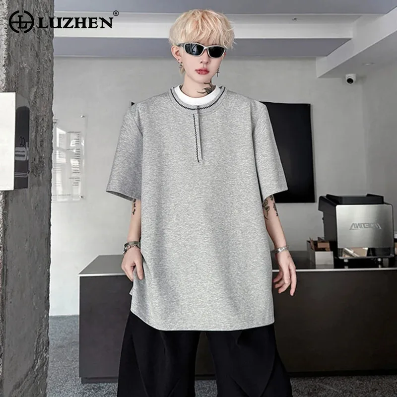 

LUZHEN Short Fashion Embroidery Line Round Neck Shoulder Pad Sleeve T-shirts Men's 2025 Summer High Quality Trendy Tops JY2751