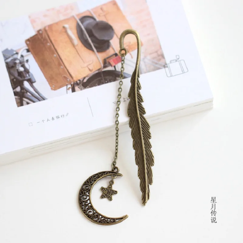 

Retro Metal Feather Bookmark Star Moon Pendant Book Page Mark Student Stationery School Supplies Bookmarks Gift Book Marker