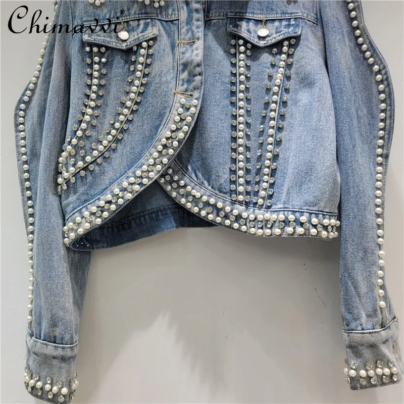 2025 Autumn Clothes New Heavy Industry Jacket Denim Jacket Loose Long Sleeve Slim-fit Wavy Edge Bubble Sleeve Denim Coat