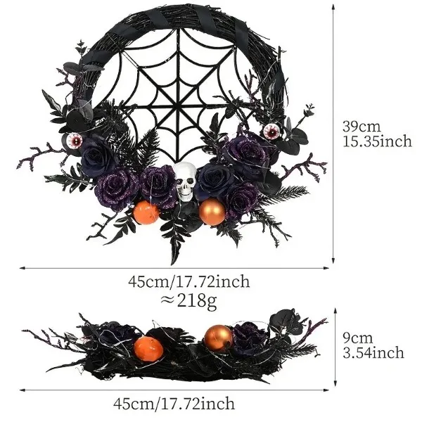 1pc, Prelit Halloween Skull Wreath For Front Door Decor, 20 LED Purple Lights Battery Operated Skeleton view 4