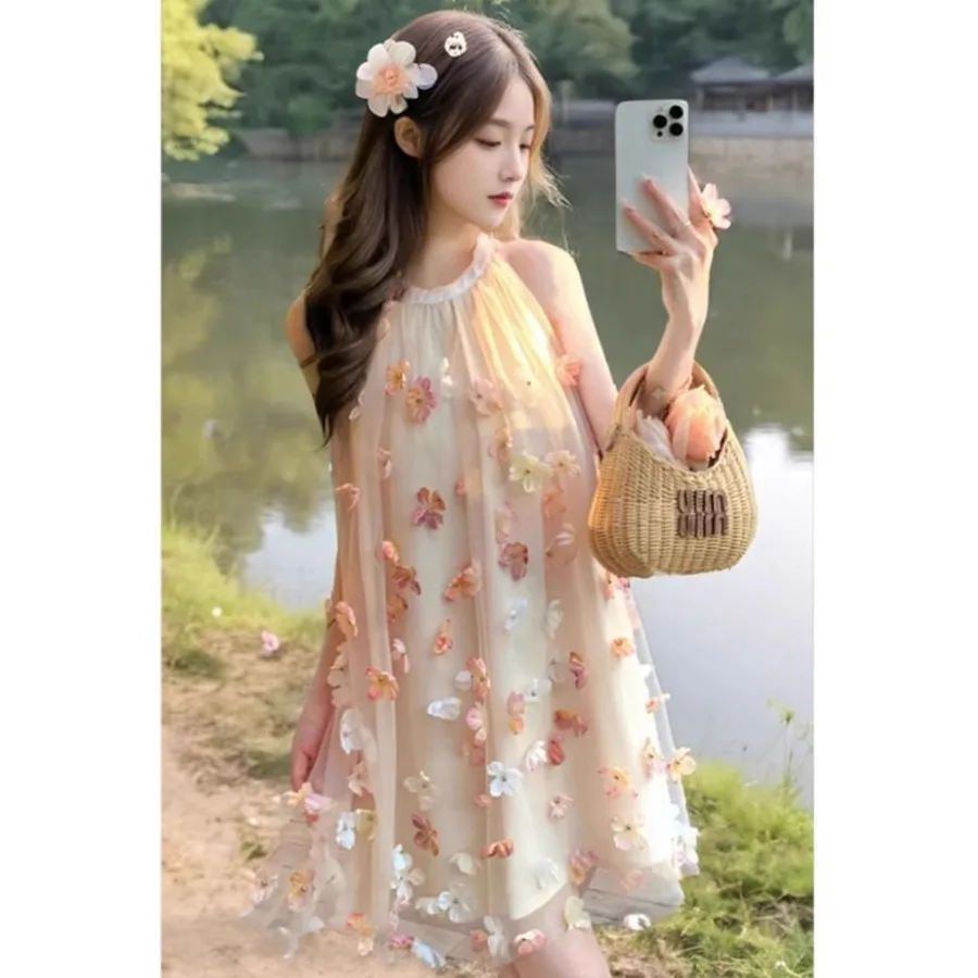 

【New style】French beautiful super hot fairy hanging neck long dress, summer sweet atmosphere, three-dimensional flowers, slimmi