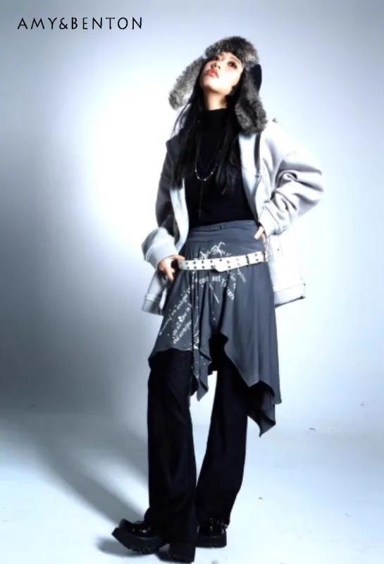 

2025 Summer Subculture Rock Gothic Punk Style Irregular Print High Waist Loose Versatile Soft Comfortable Skirt