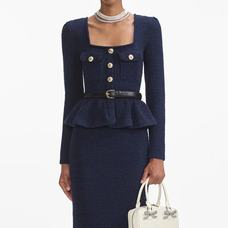 Setelan Dua Potong Wanita FW25, Kerah Kotak dengan Ruffle, Slim Fit, Pakaian Kantor Elegan
