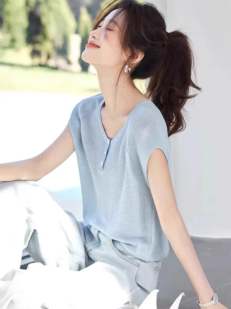 IJszijde gebreide top Pure Color ort Sve Overhead Design Pendelen Sle Ademend Zomer Faion Koreaanse versie Normale pasvorm