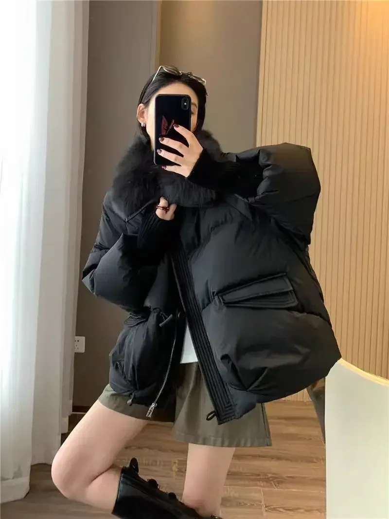 Frauen Winter Neue Pelz Kragen Puffer Unten Parka Lose Unten Wärmer Verdicken Schnee Jacke Tasche Zipper Faux Pelz Oberbekleidung Weibliche