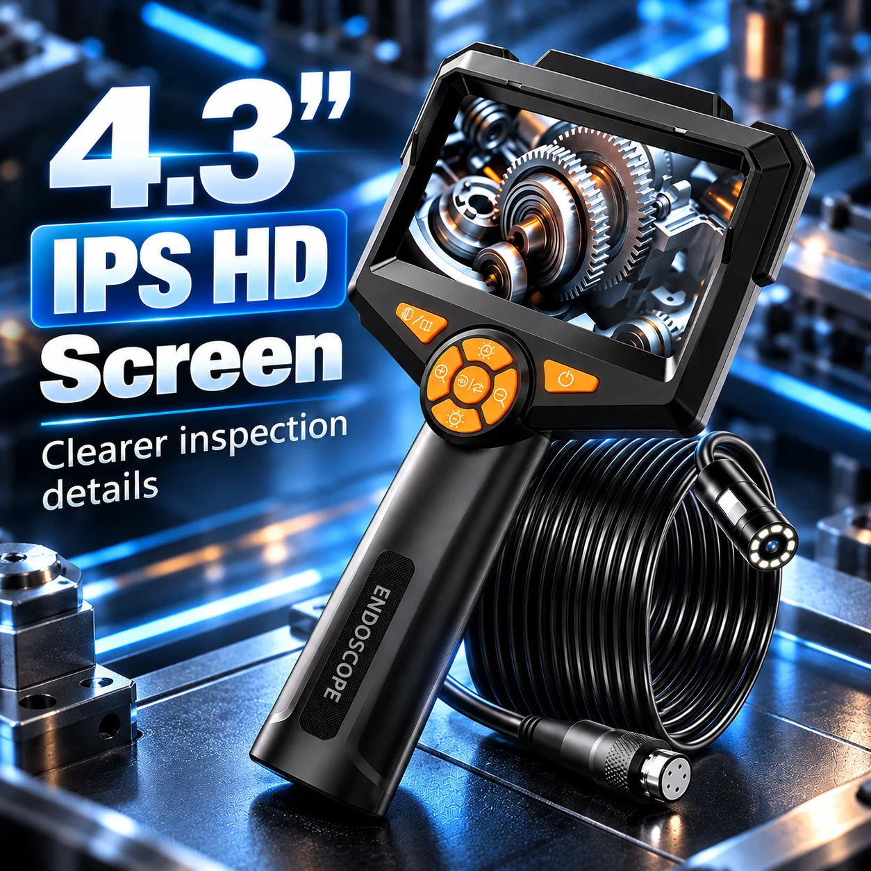 4.3 Inch IPS HD Industrial Endoscope Camera 2MP Dual Lens 8 LED 2000mAh Detachable Cable Borescope for Pipe Car Inspection