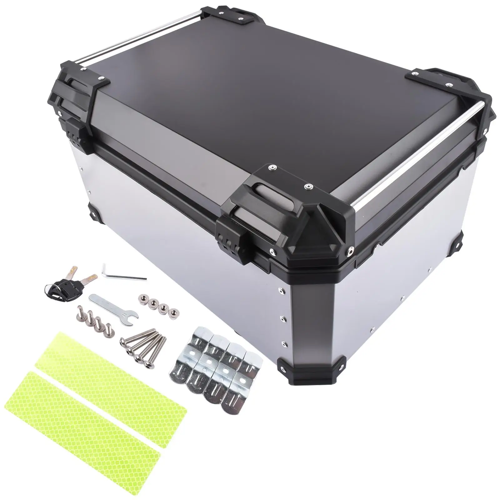 AP03 65L Aluminum Waterproof Motorcycle Top Case, Trunk Tail Box with Security Lock for Luggage (Silver)