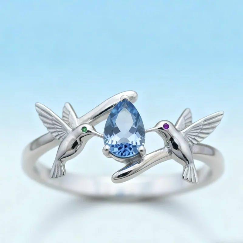 New Women's Silver Plated Ring - Inlaid Water Drop Lake Blue Diamond Magpie Auspicious Bird Design Fashion Jewelry Accessory