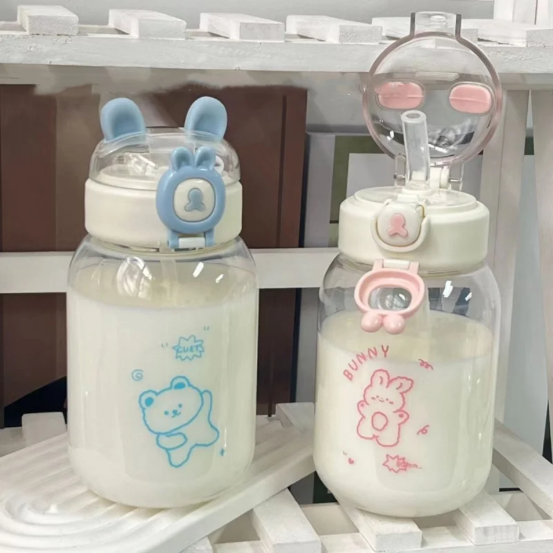 Butelka na wodę Kawaii Rabbit 500 ml Przenośny kubek do picia w kształcie uroczych uszu ze słomką i pokrywką Letnie naczynia do picia na zewnątrz