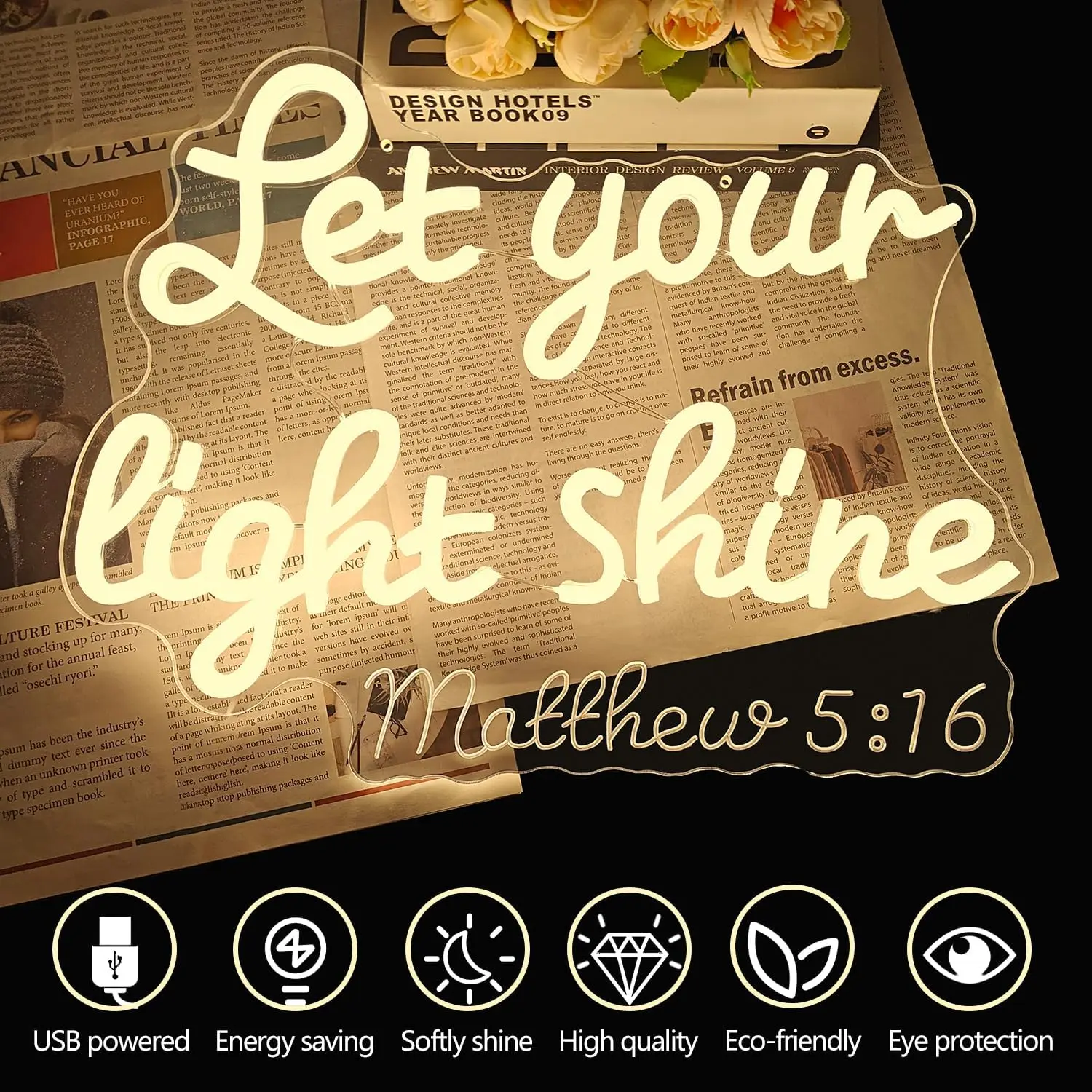 Let Your Light Shine LED Neon Sign USB Powered Neon Light Church Chapel Christian Room Bedroom Faith Themed LED Decor Lamp