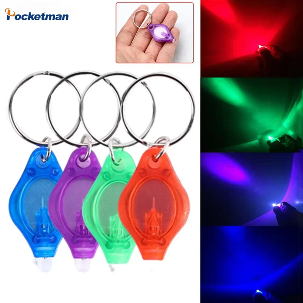 4 Pack Mini Keychain Lights Keyring Torches Button Battery Powered LED Keychain Flashlights Red/Blue/Green/UV Light Small Lights