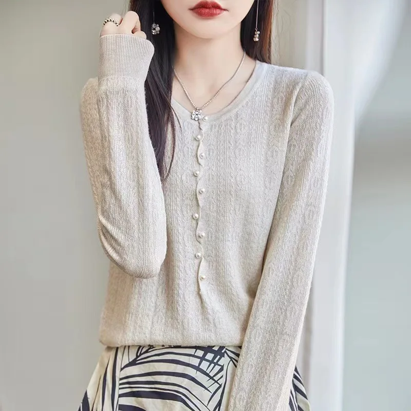 Western Style Unique Embossed Women's Wool Silk Low round Neck Irregular Pearl Button Spring Pullover Top