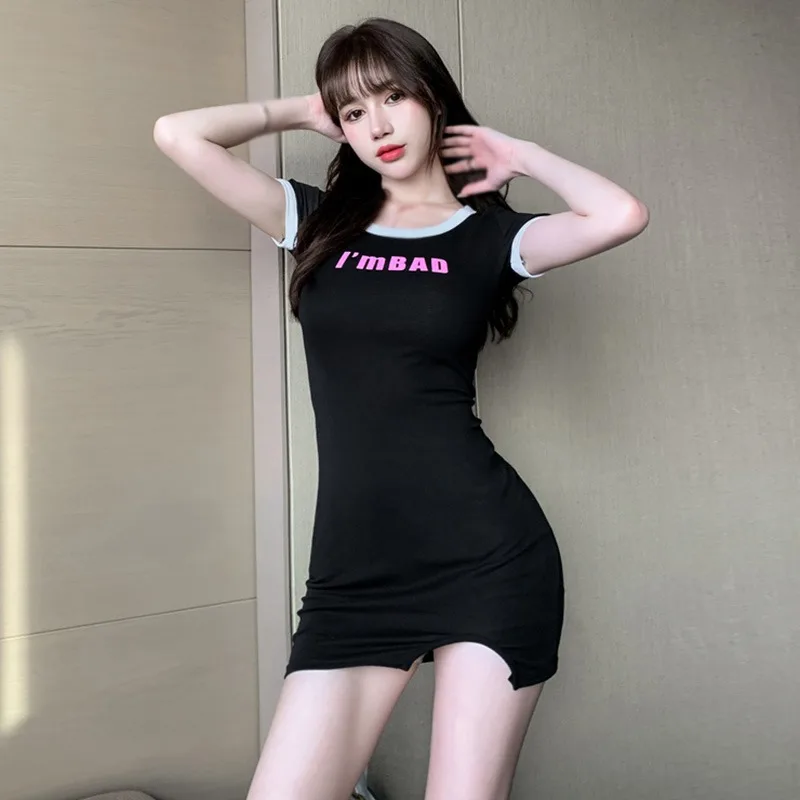 In Chữ Đầm Nữ Sexy Nữ Tay Ngắn Đa Năng Đầm Cổ Tròn Áo Đầm Nữ Mini