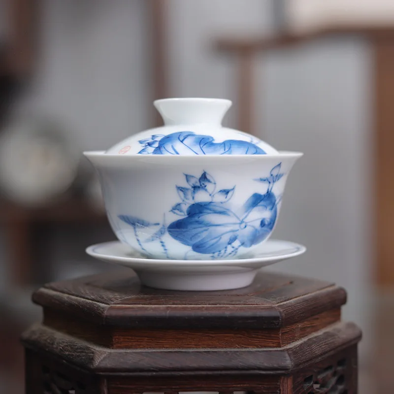 

Premium White Porcelain Gaiwan Set 160ml - Blue & White Ceramic Gongfu Tea Bowl, Sancai Covered Cup, Chinese Tea Ceremony