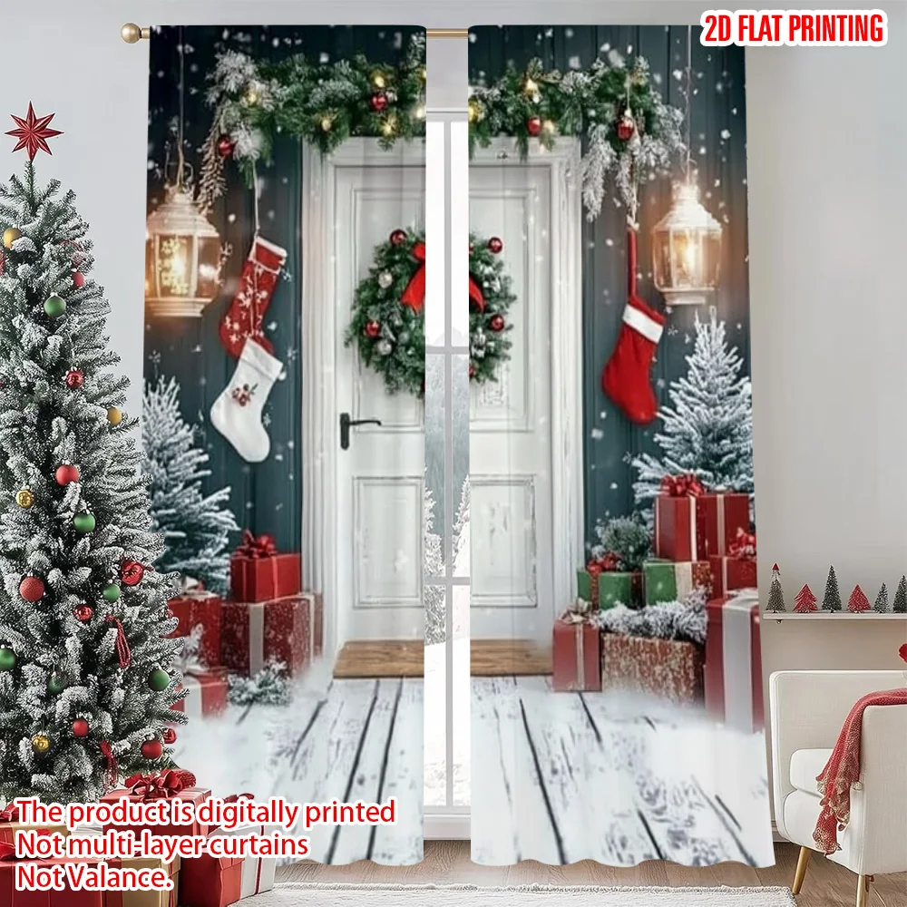 

2pcs 2D flat printing Merry Christmas Window Curtains Winter Fairy Christmas Versatile Polyester Without Electricity Festive