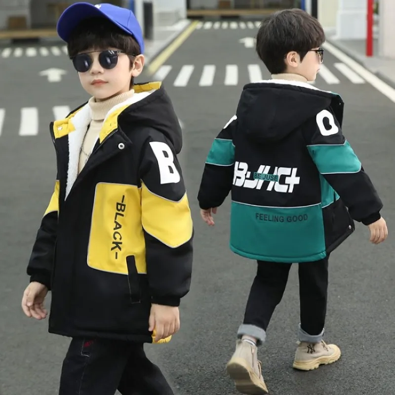 5-14T Boys Winter Coat Fashion Hooded Warm Padded Jackets Thick Letters Print Patchwork Teenagers Velvet Parkas 2024 New