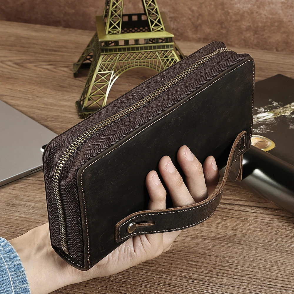 

Men Genuine Leather Long Wallet Vintage Zipper Large Clutch Handbag Business Phone Wallet RFID Protection Purses Card Holder