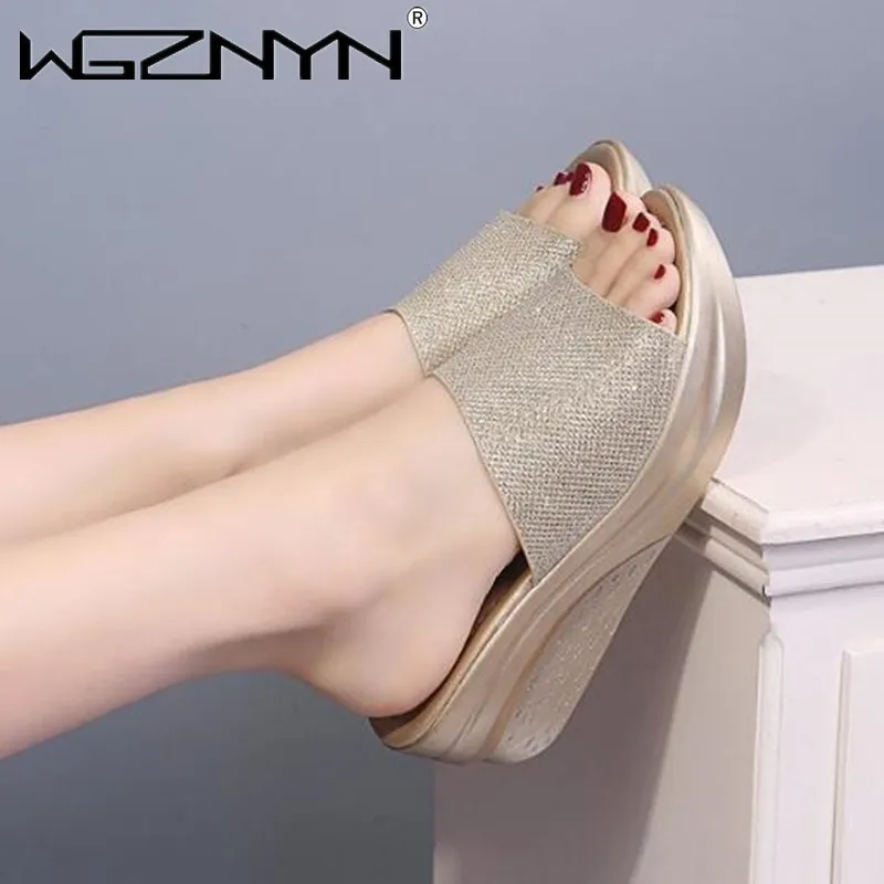 

NEW Shoes for Women Summer Sequin Women Comfortable Slippers Thick Sole Wedge Heel Flip Flops Open Toe Sandals 35-41 Beach Shoes