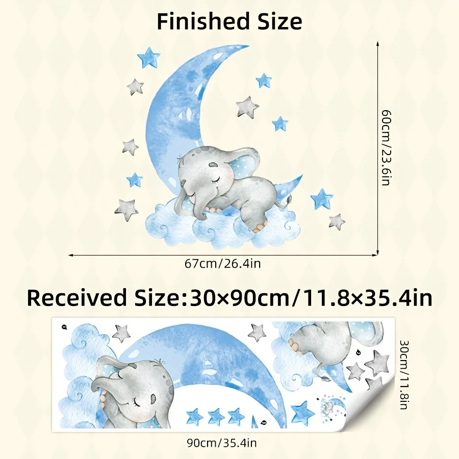 A cute 2D elephant sticker featuring blue clouds and stars adds a touch of warmth to the bedroom and playroom.