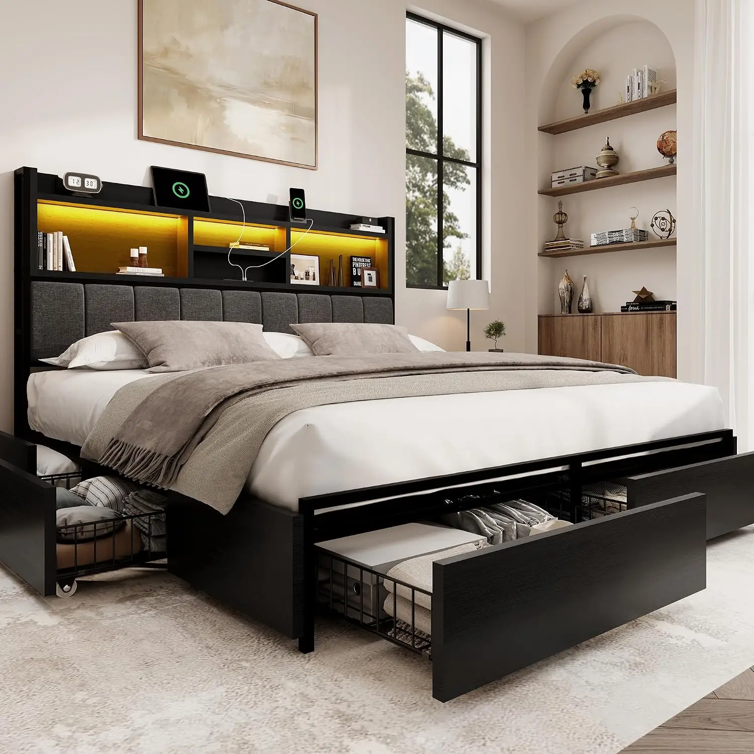 Queen Bed Frame 6 Drawers Linen Headboard USB LED Silent Metal Support No Box Spring Vintage Black, Customized