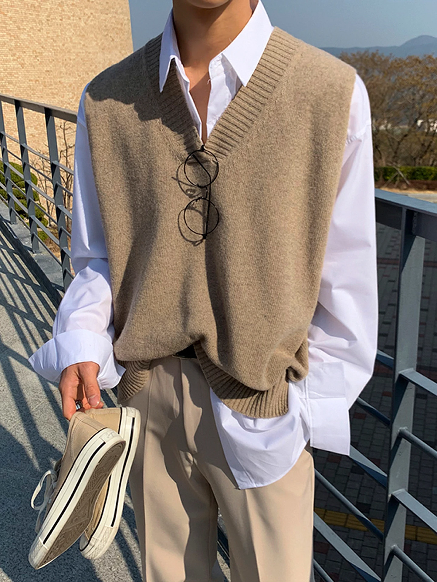 Retro Japanese Knitted Vest Men's Autumn Lazy Sle V-ne Sweater Cleanfit Svel Jaet Stand Fit Casual Youth Faion