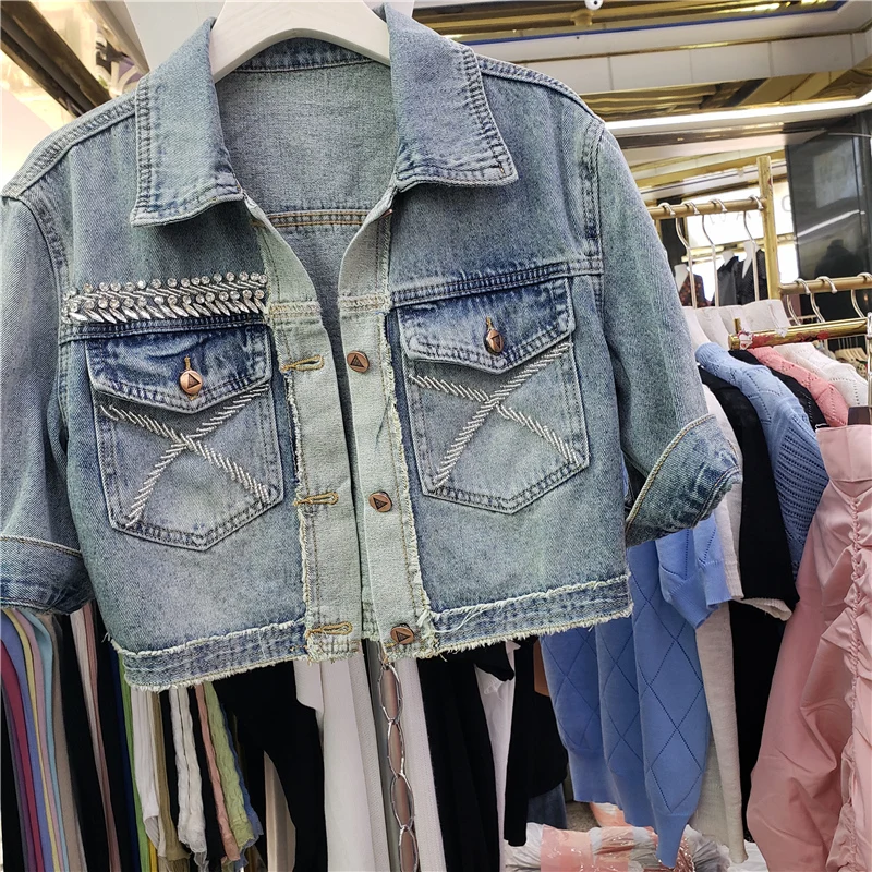 Vintage zwaar werk diamanten grote zak denim jasje dames slanke korte cowboy bovenkleding driekwart mouw jeans jas vrouwelijk