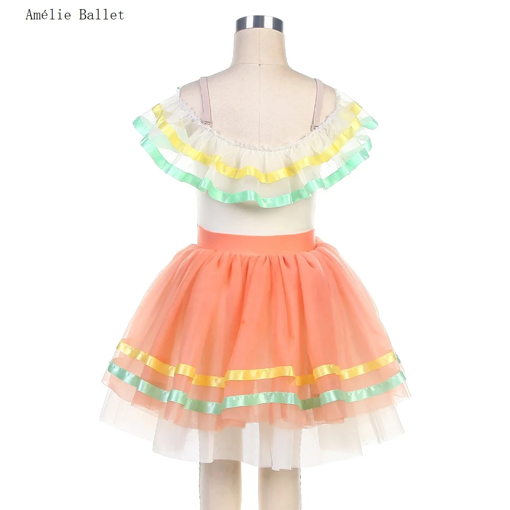 24010 Off the Shoulder Ivory Spandex Top Bodice with Orange & Ivory Tulle Kid Ballet Tutu Small Dance Costumes