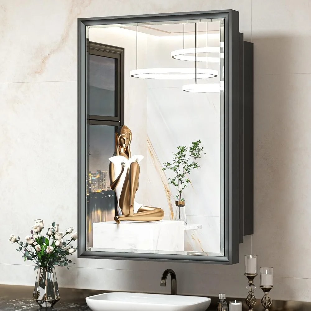 

Wall-mounted mirror cabinet, metal beveled mirror with bathroom vanity storage space, aluminum mirrors cabinet mirrors