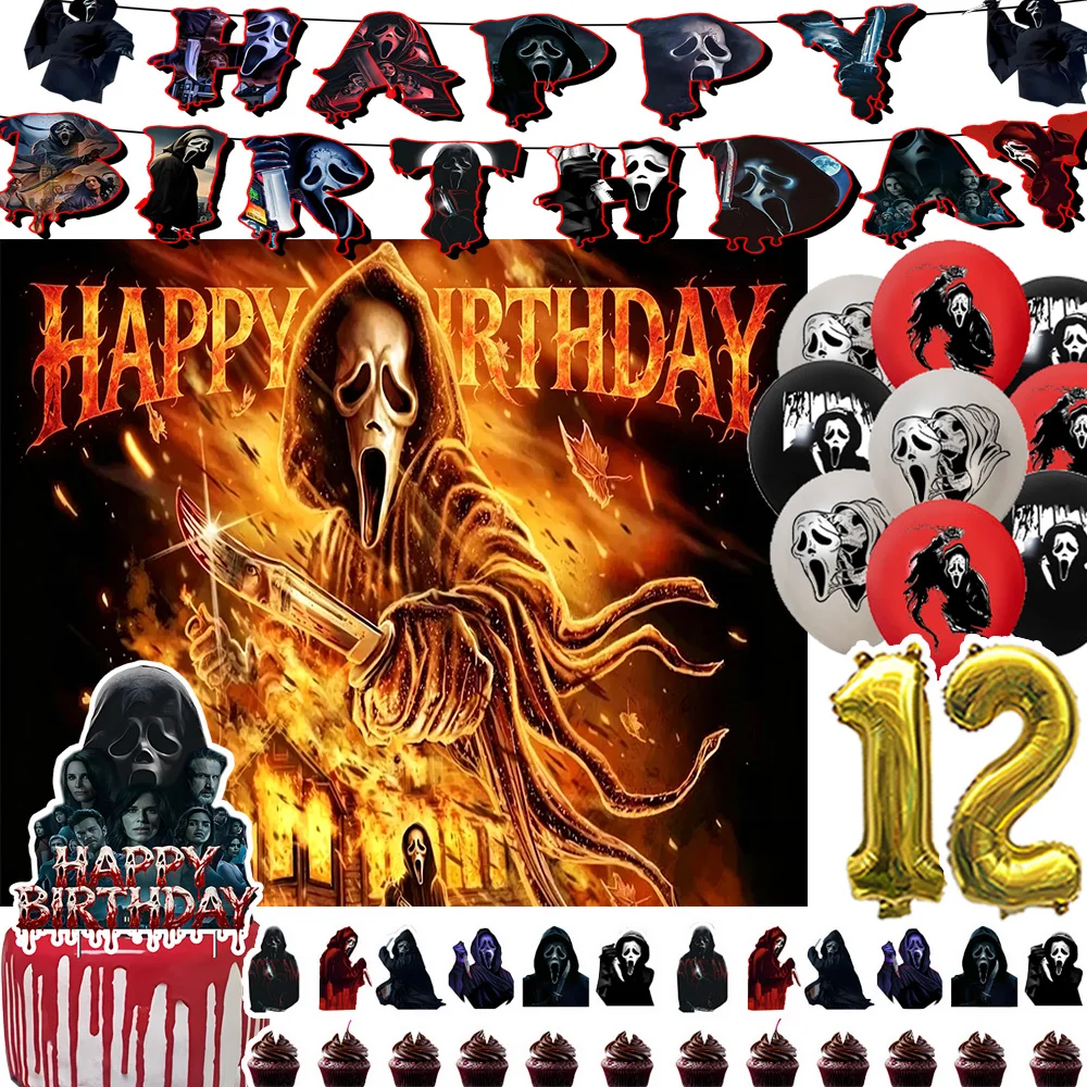 Film-Fans-Thema Geburtstagsparty-Zubehör Ballons Horror-Geistermaske Hintergrund Cupcake-Topper Banner Halloween-Party-Dekoration