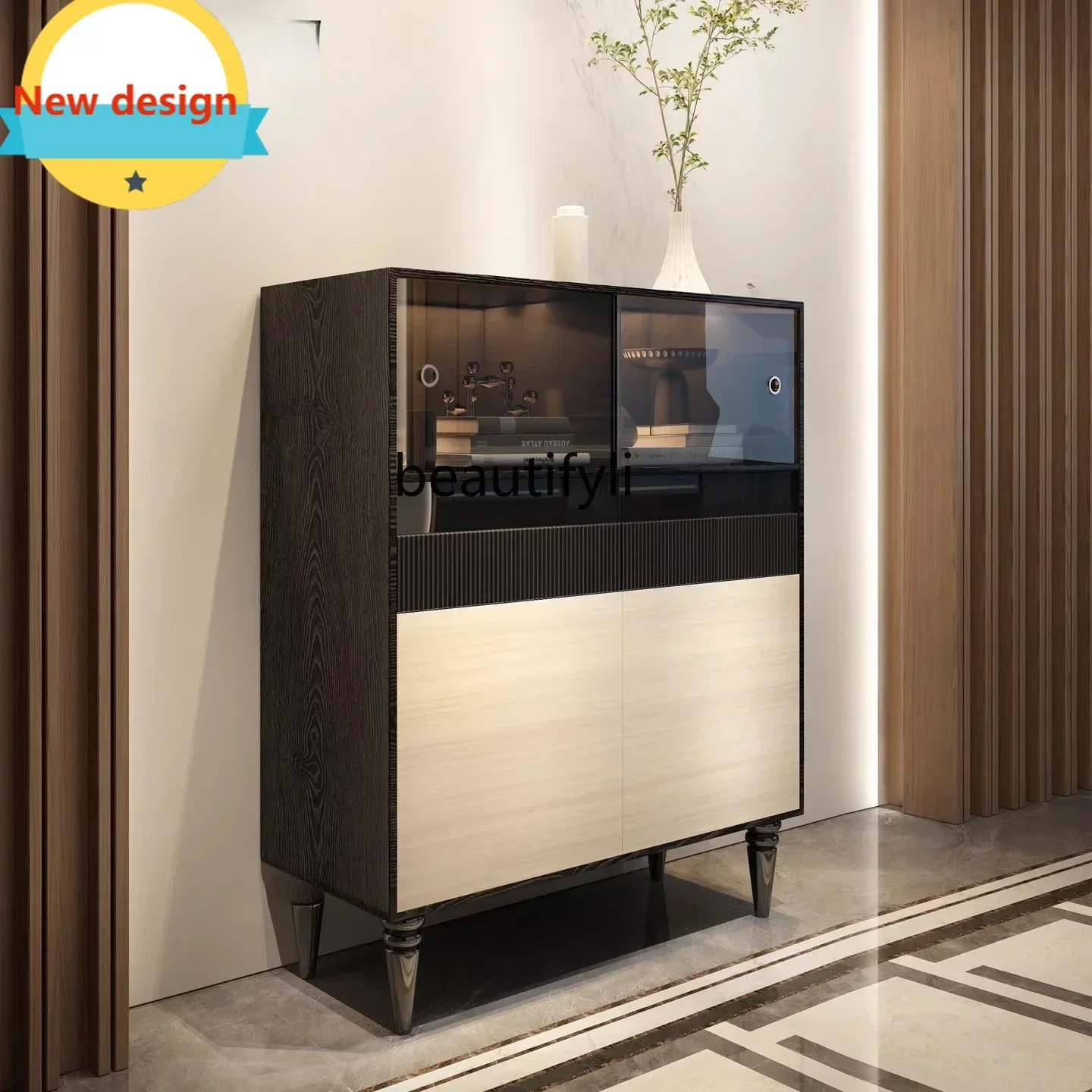Hot sales French retro wine cabinet villa living room, medieval decorative side cabinet with sensor light solid wood high cabine