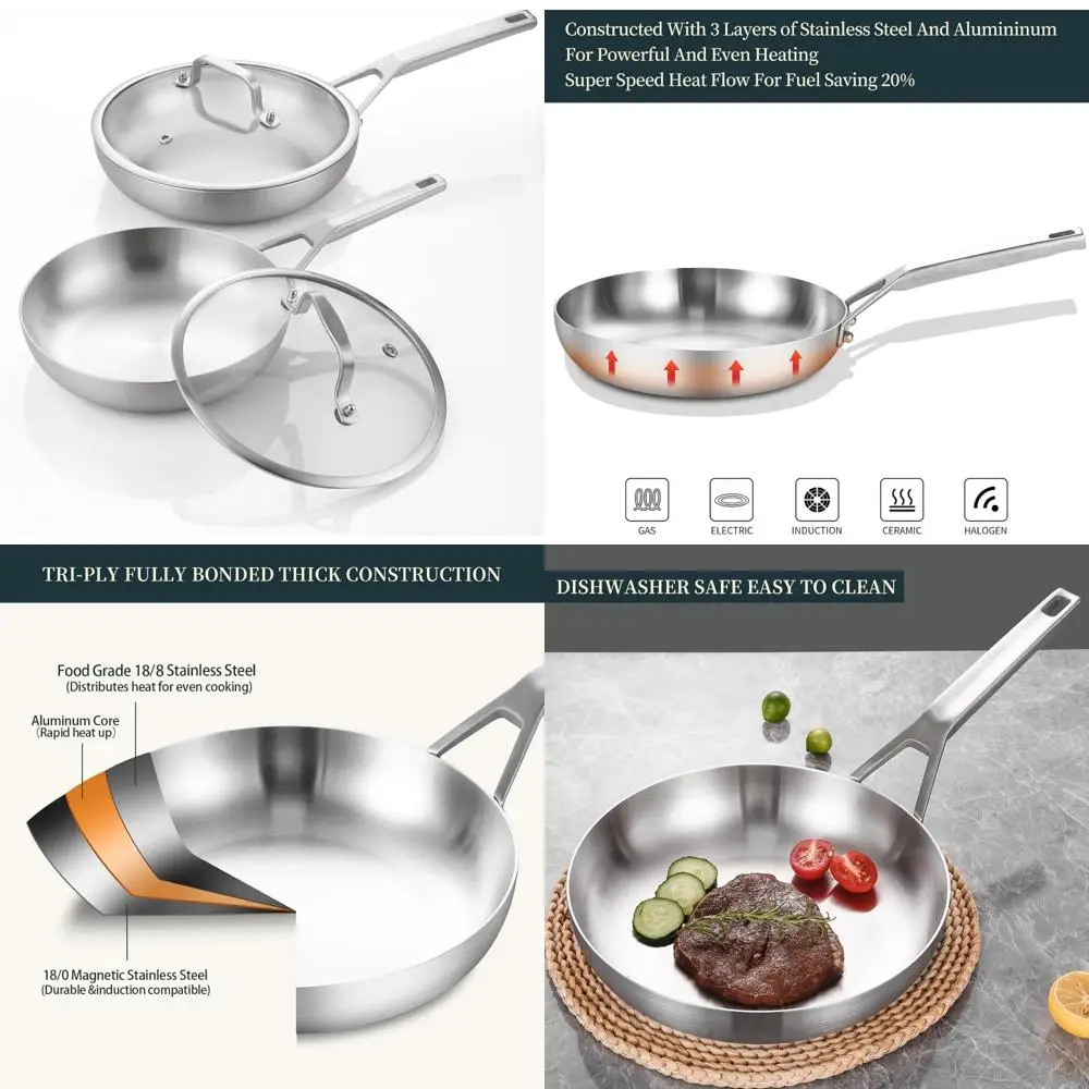 

Stainless Steel Pan Set - 10 & 12 Inch Frying Pans with Lids, 2 Piece, Fully Bonded, Oven and Dishwasher Safe, Compatible with C