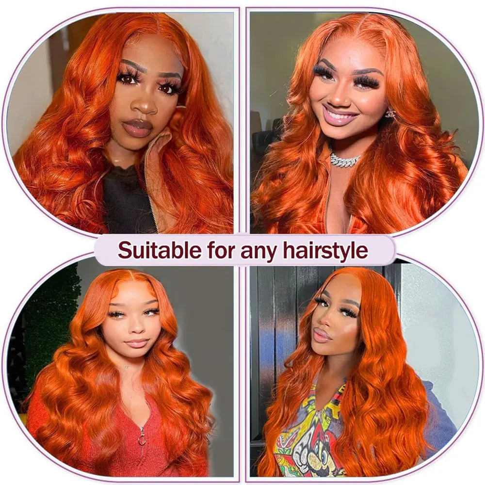 350 #   الزنجبيل البرتقالي الدانتيل الجبهة الباروكات الجسم موجة خصلات الشعر المستعار الإنسان 250% 13x4 HD الدانتيل الشفاف شعر مستعار أمامي البرتقال الباروكات الشعر البشري