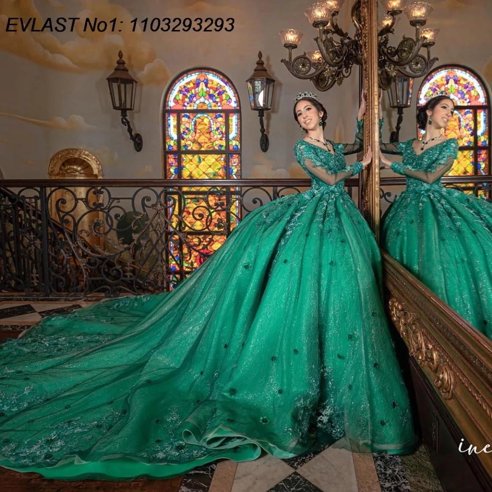 فستان Quinceanera المكسيكي باللون الأخضر الزمردي المخصص من EVLAST فستان حفلة مزين بالدانتيل والخرز مشد حلو 16 فيستدو دي 15 أنوس E1Q92