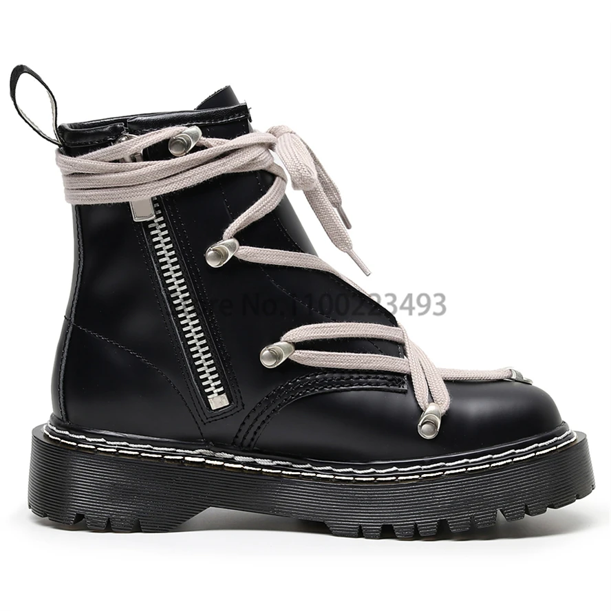 2022 women\'s leather motorcycle winter boots cross-tied wedges women\'s lace up platforms boots men black punk shoes mujer boots