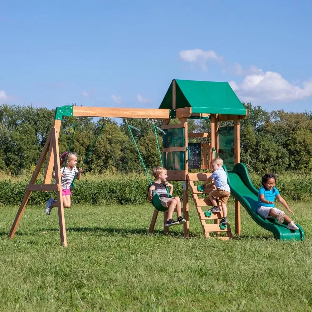 

Wooden Swing Set, Made for Small Yards and Younger Children, Two Belt Swings, Covered Mesh Fort with Canopy, Rock Climber Wall